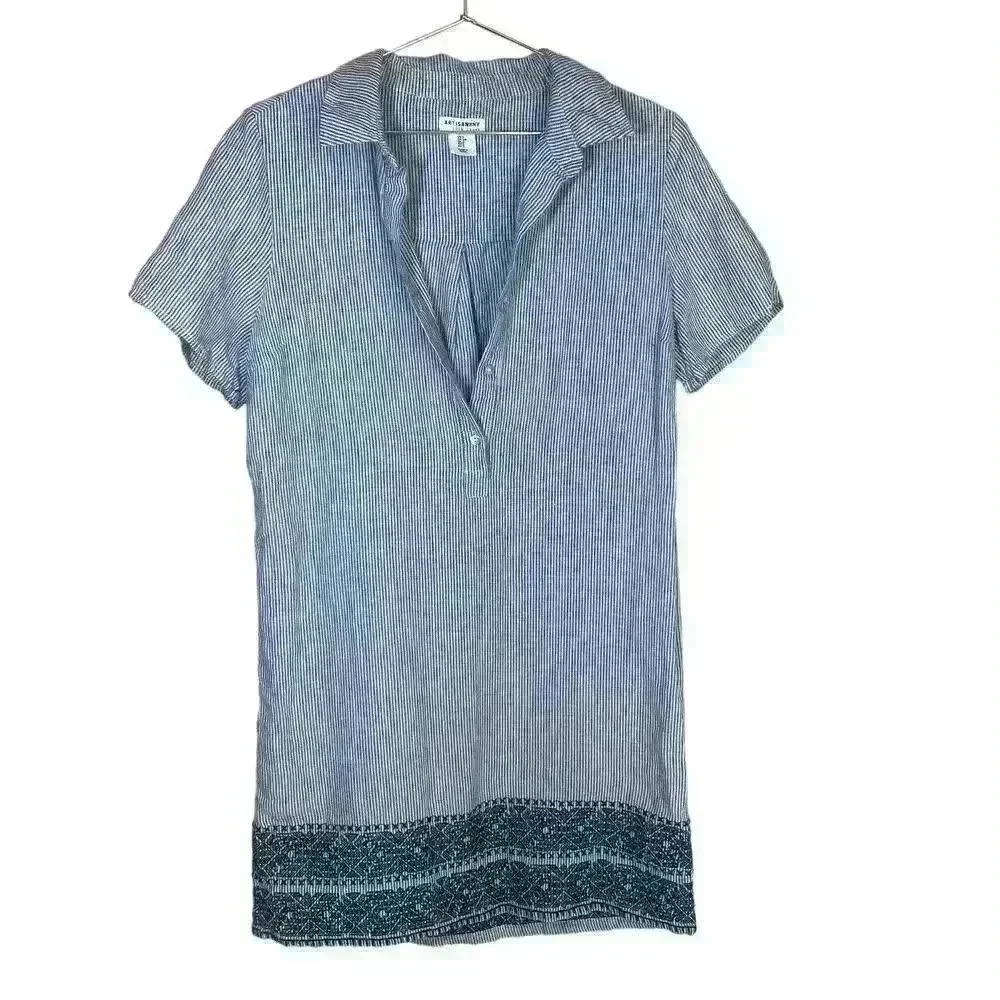 Artisanny 100% linen shirt dress embroidered size small